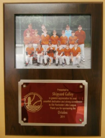 Plaque from the Old Rochester Little League thanking Shipyard Galley for sponsoring the Orioles, 2011