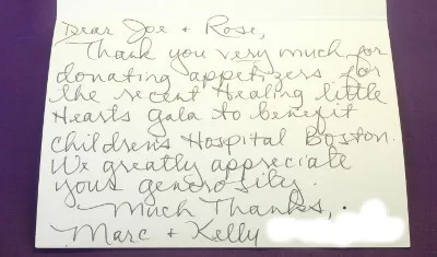 Handwritten thank-you for appetizers donated to the Healing Little Hearts gala