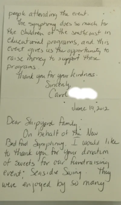 Handwritten thank-you from the New Bedford Symphony